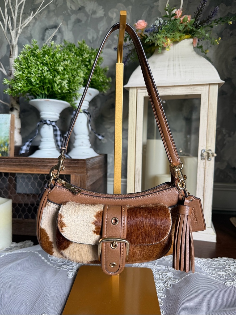 COACH ASHTON Brown Cream Haircalf Cow Print Mini Shoulder Bag Purse